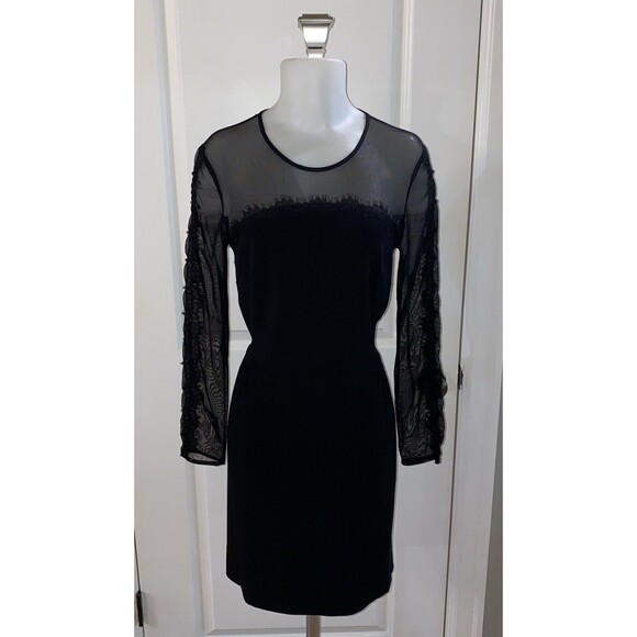 Sandro Paris Black Noir Long Sleeve Lace‎ Sheer Pencil Dress -Size 3 - Picture 1 of 16